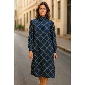 NEW Who What Wear Womens Blue Tunic Dress S Blue Yellow Chain Print Long Sleeve